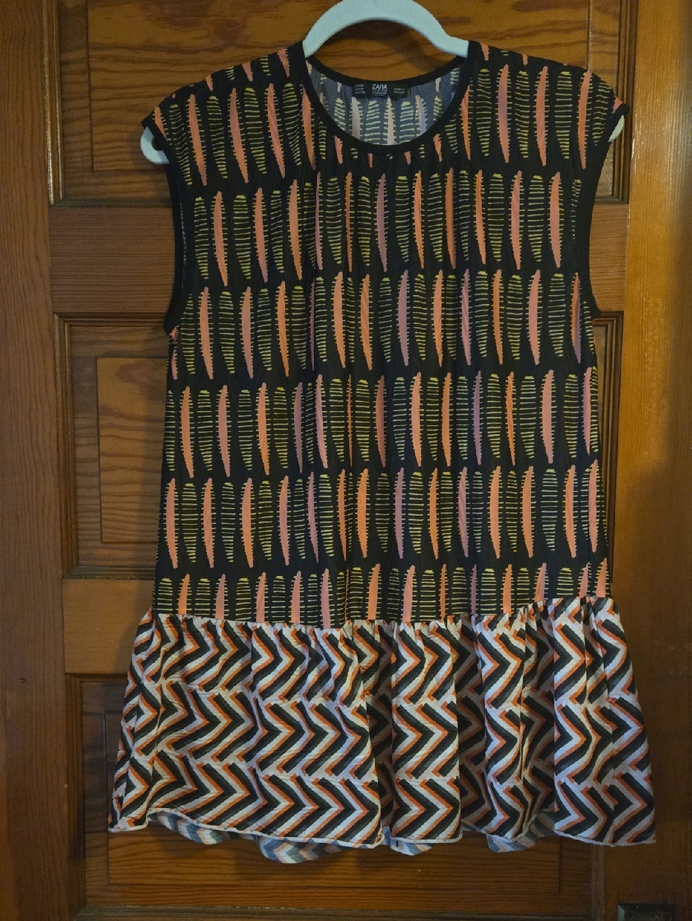 Zara Black Dress with Black, Cream and Orange Patterned Details
